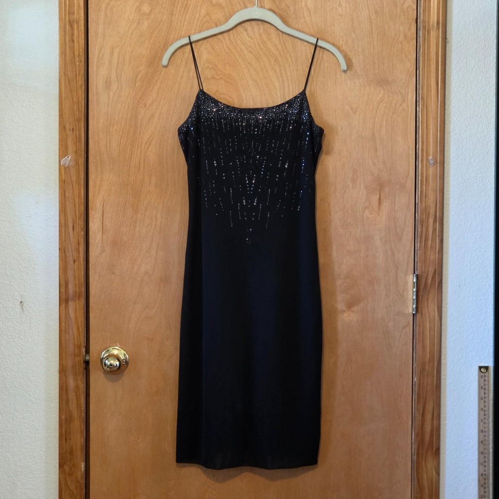 Vintage Byer Too Black Mesh Rhinestone Waterfall Slip Dress 90s Grunge M USA